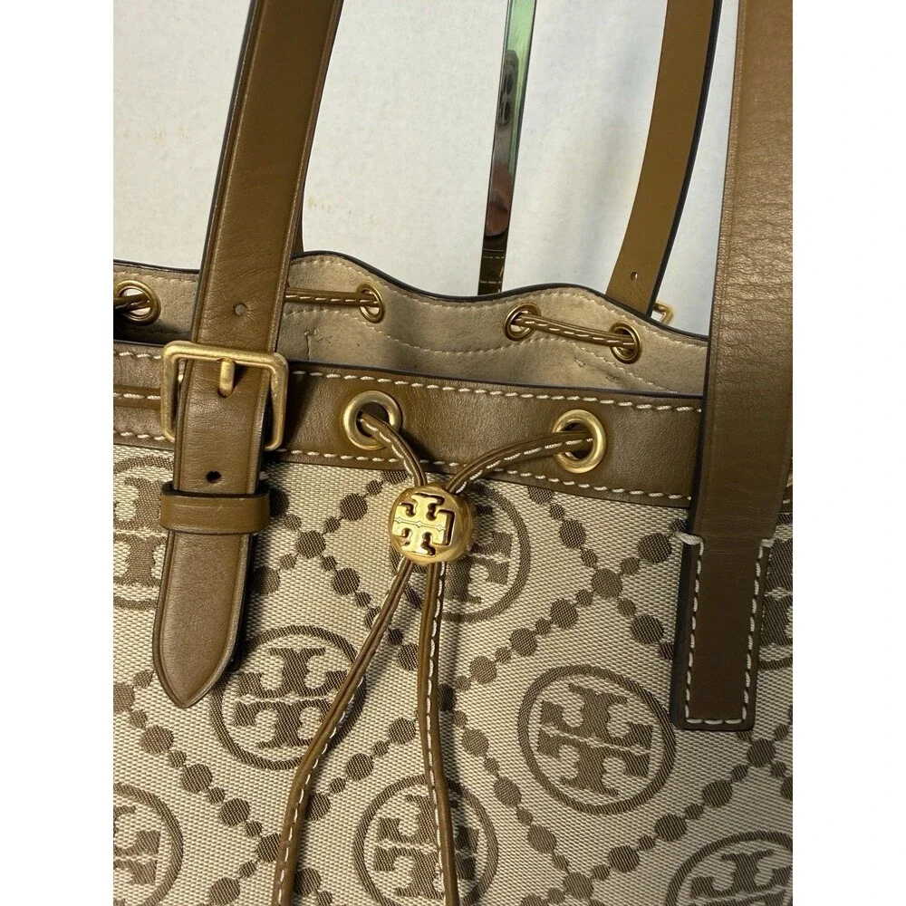 Tory Burch T Monogram Jacquard Logo Tote Bag Large Double Strap Cinch Drawstring
